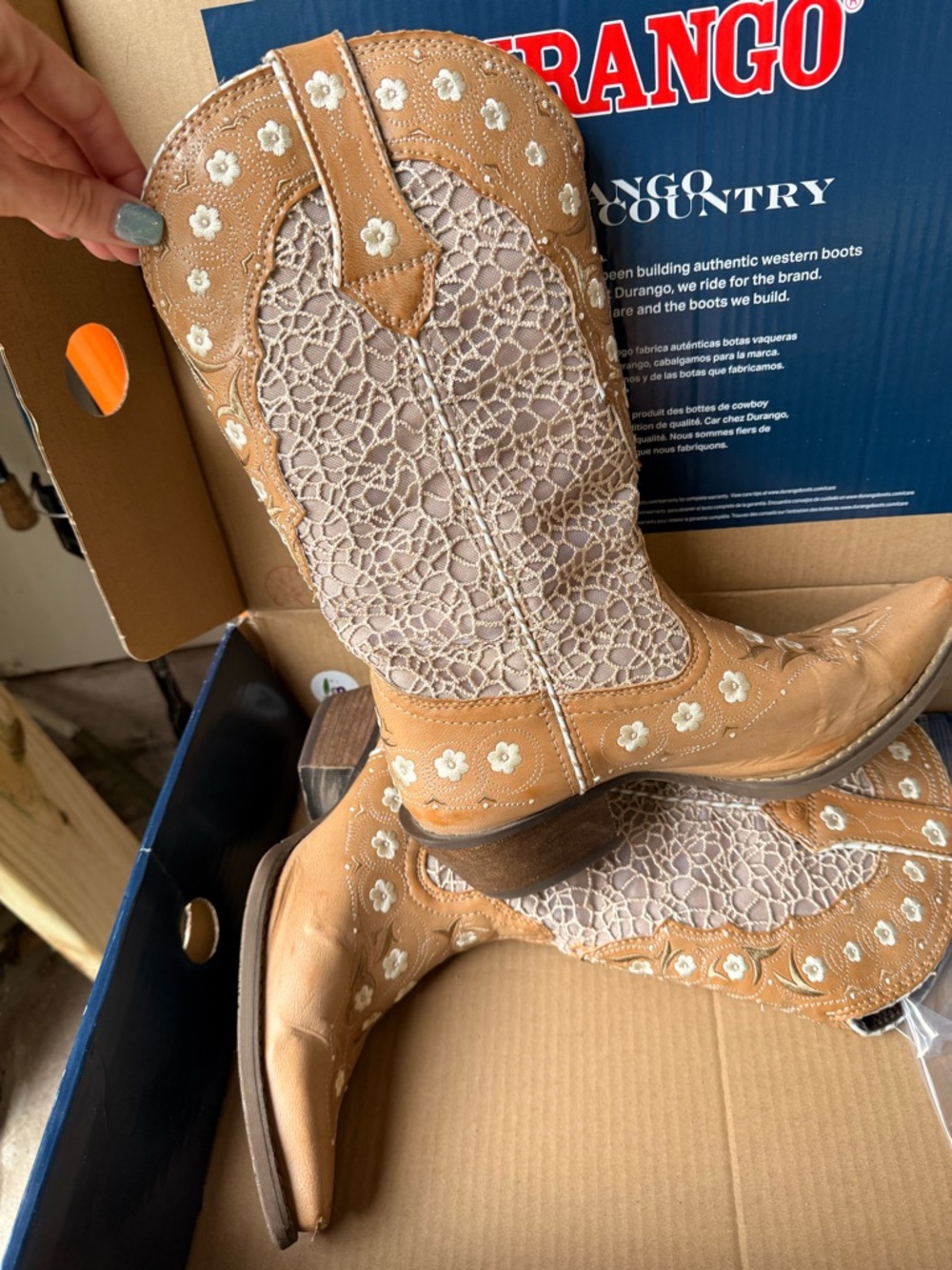 Durango Women’s Tan and Cream Lace Floral Western Boots